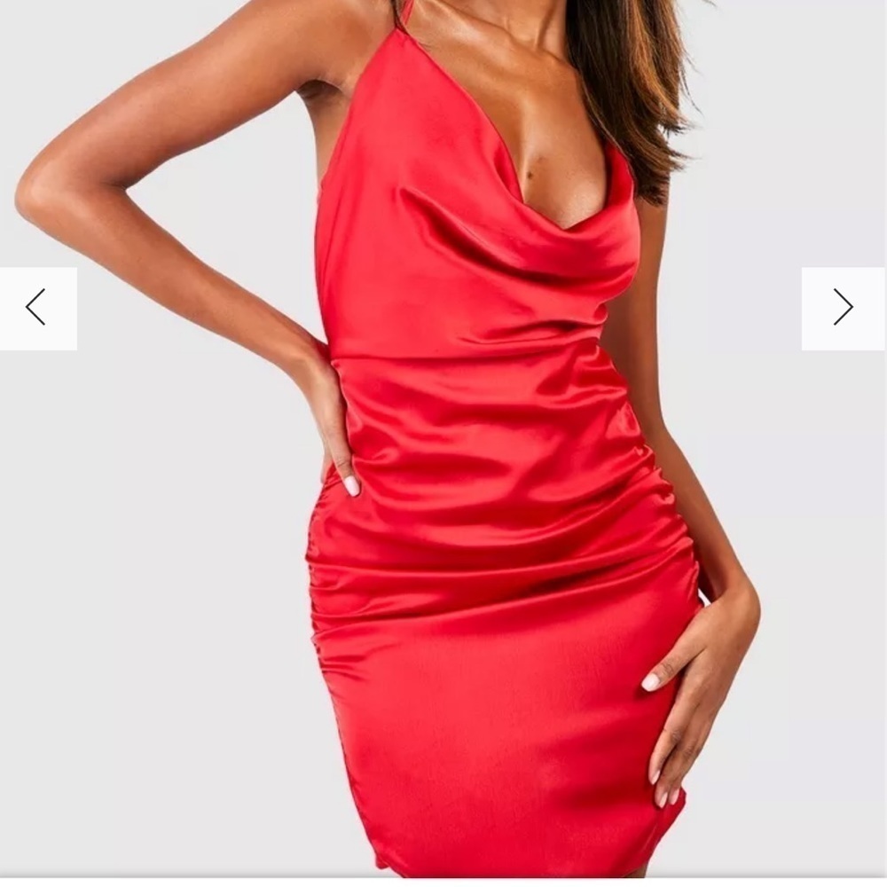 BooHoo Red polyester‎ Satin cowl neck slip dress Sz 12 spaghetti straps